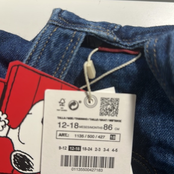 NWT. Zara Girls Blue Snoopy Peanuts Print Denim Overall Dress. Size 12-18. - Picture 7 of 9
